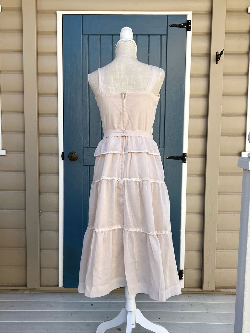 Vintage 1970s Pink Prairie Dress Cottagecore Lace Tiered Peplum Dress Women’s S - Picture 4 of 8